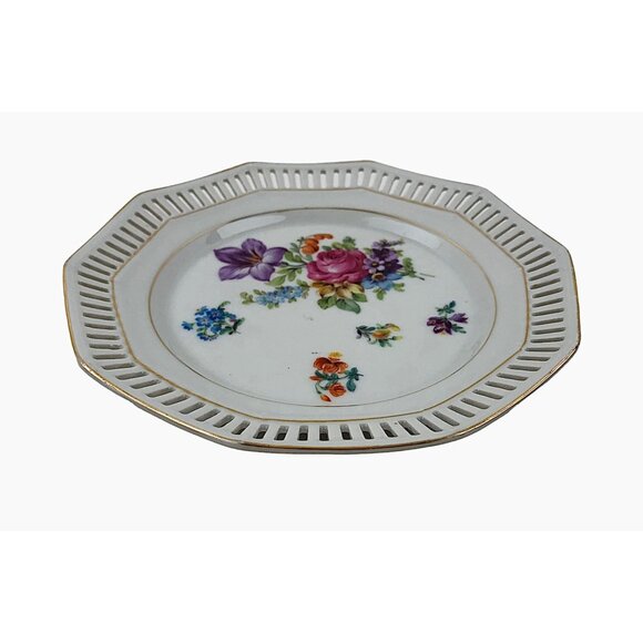 Schumann Small Plate Bavaria Floral Pattern Reticulated Gold Trim Vintage - Picture 3 of 10